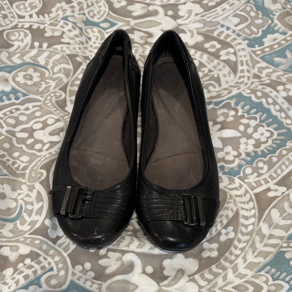 Clarks Shoes - Clarks Black Leather Flats with Bow Detail